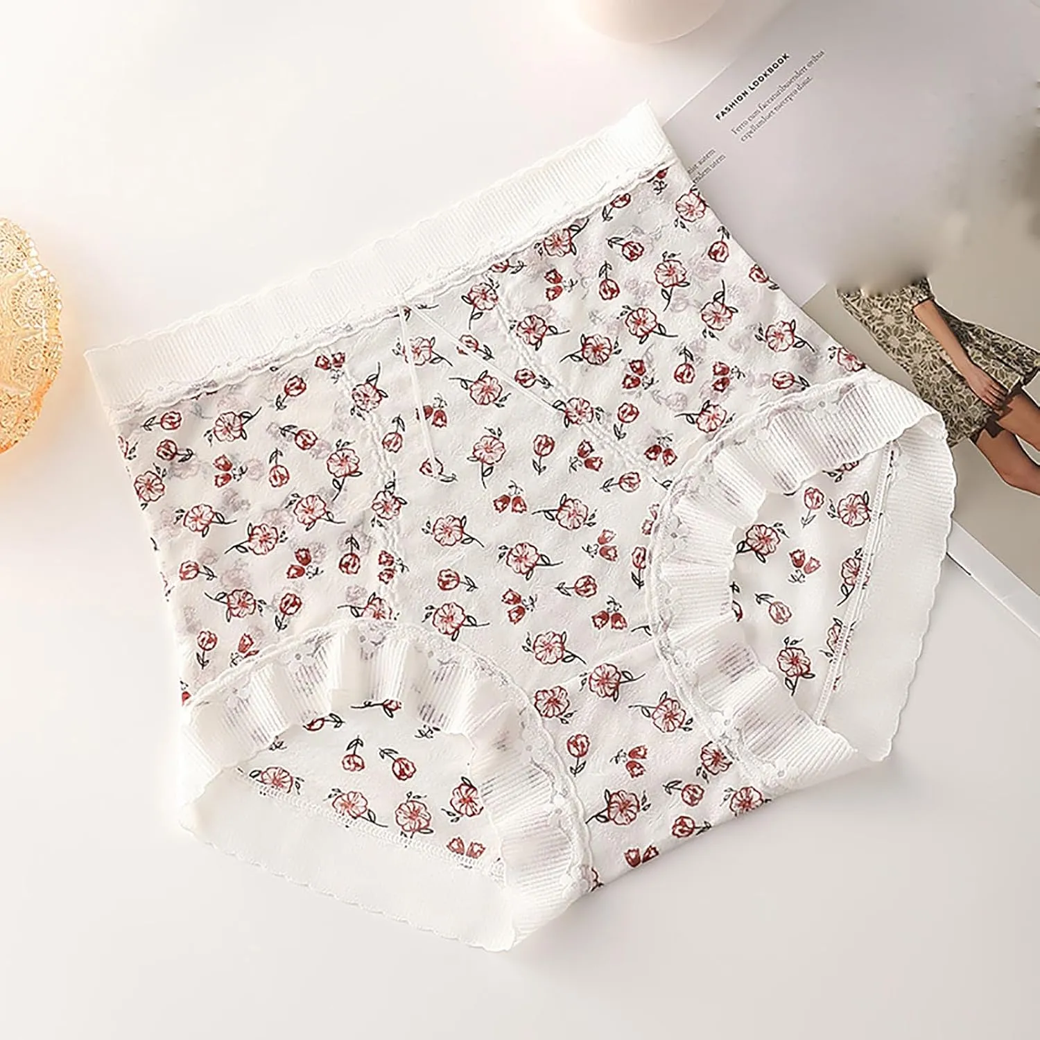 Womens Cute Floral Print Panties Lace Seamless Skin Soft Breathable Comfy Underpant High Waist Daily Casual Briefs