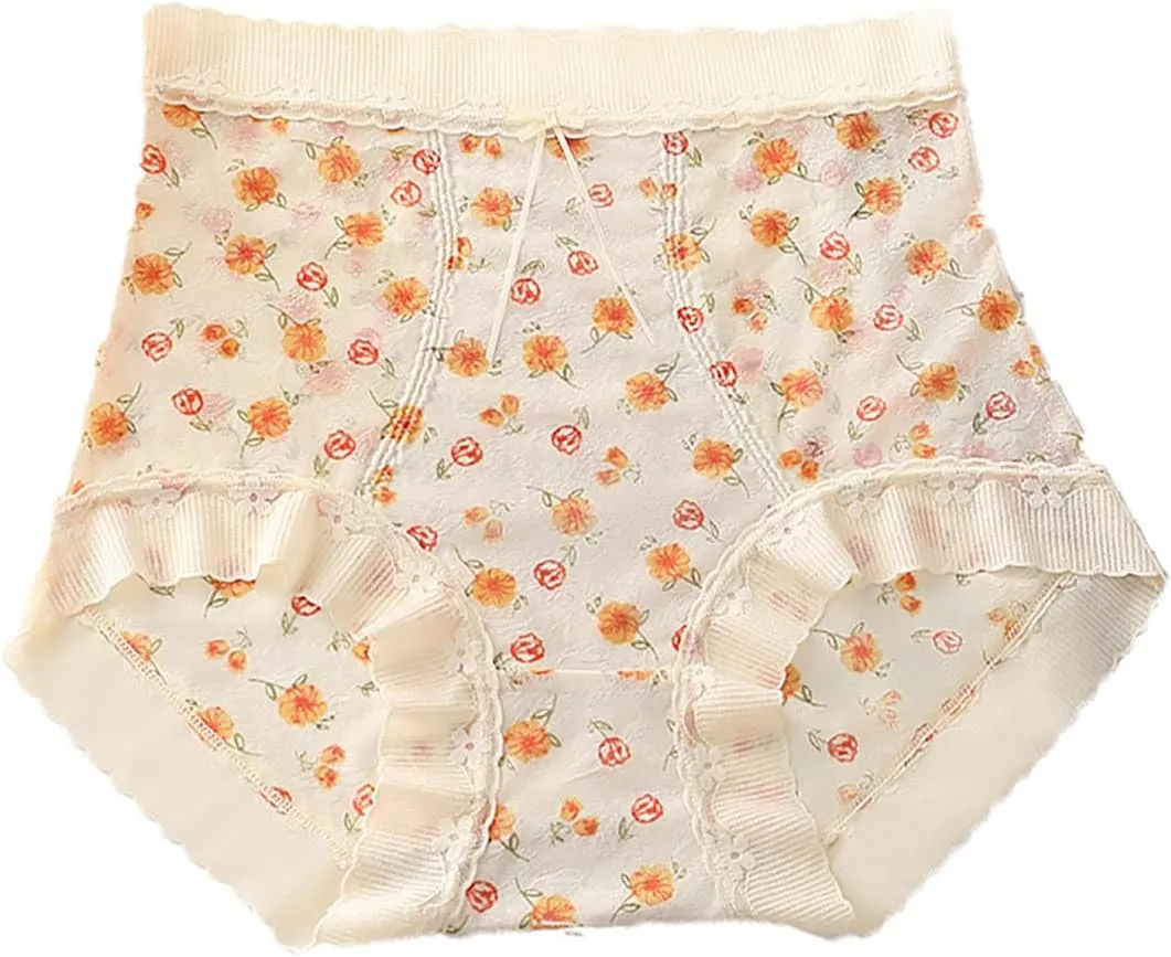 Womens Cute Floral Print Panties Lace Seamless Skin Soft Breathable Comfy Underpant High Waist Daily Casual Briefs