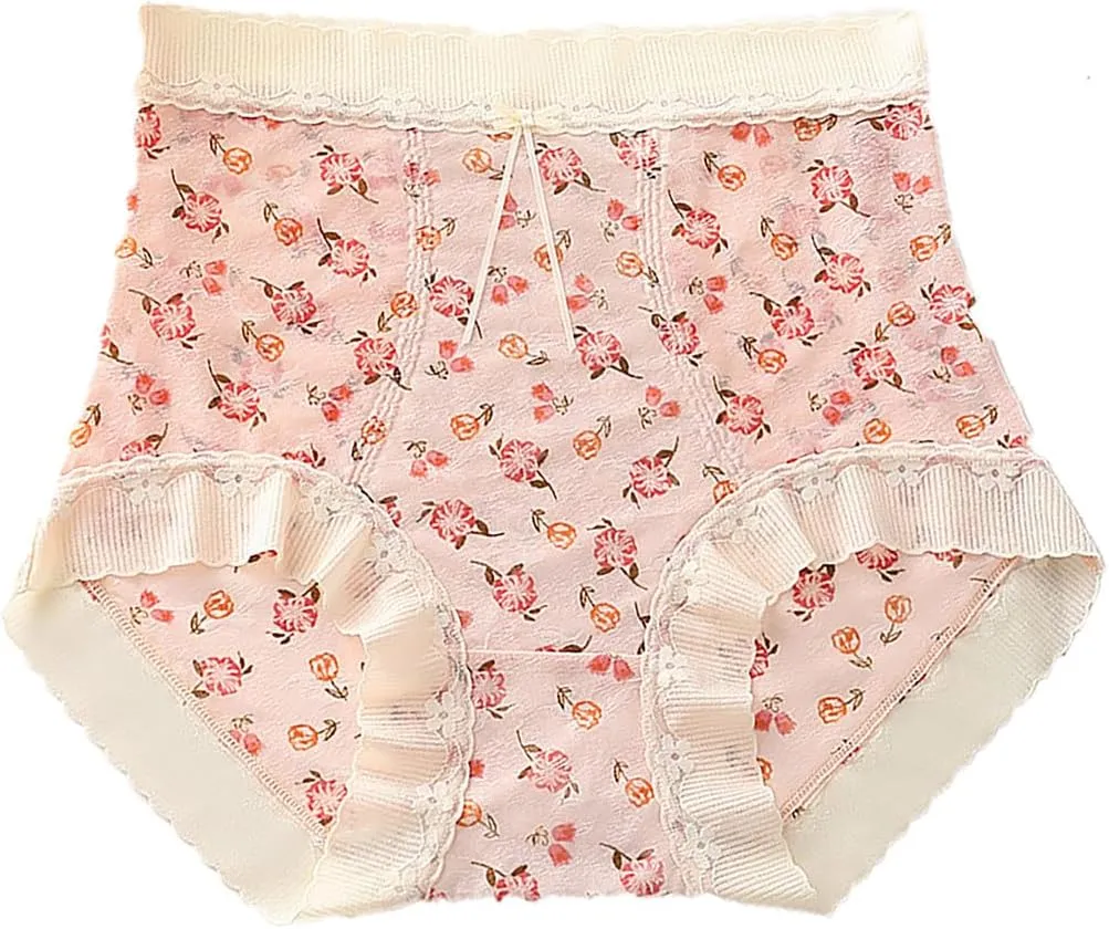 Womens Cute Floral Print Panties Lace Seamless Skin Soft Breathable Comfy Underpant High Waist Daily Casual Briefs