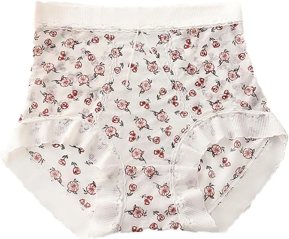 Womens Cute Floral Print Panties Lace Seamless Skin Soft Breathable Comfy Underpant High Waist Daily Casual Briefs