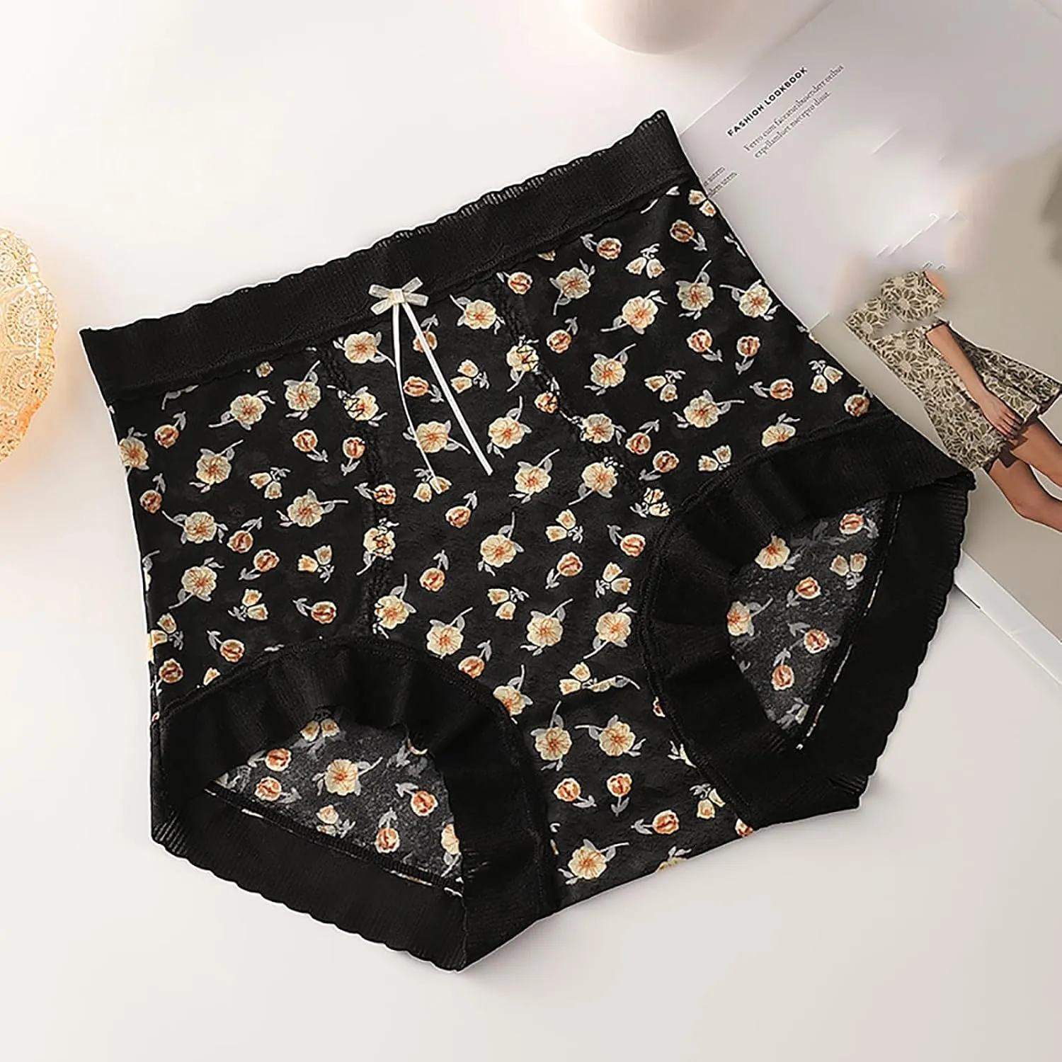 Womens Cute Floral Print Panties Lace Seamless Skin Soft Breathable Comfy Underpant High Waist Daily Casual Briefs