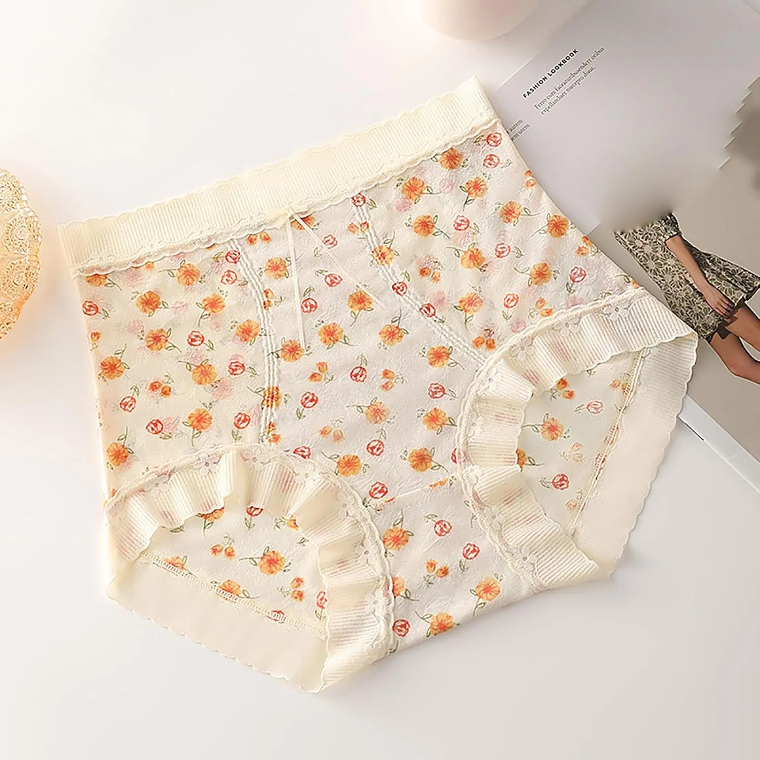 Womens Cute Floral Print Panties Lace Seamless Skin Soft Breathable Comfy Underpant High Waist Daily Casual Briefs