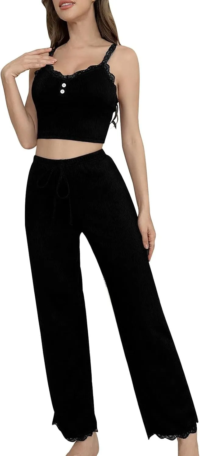 Women's Cute Pajama Set Sleeveless Lace Trim Cami Top with Pants PJ Set Ribbed Knit Sleepwear Two Piece Loungewear