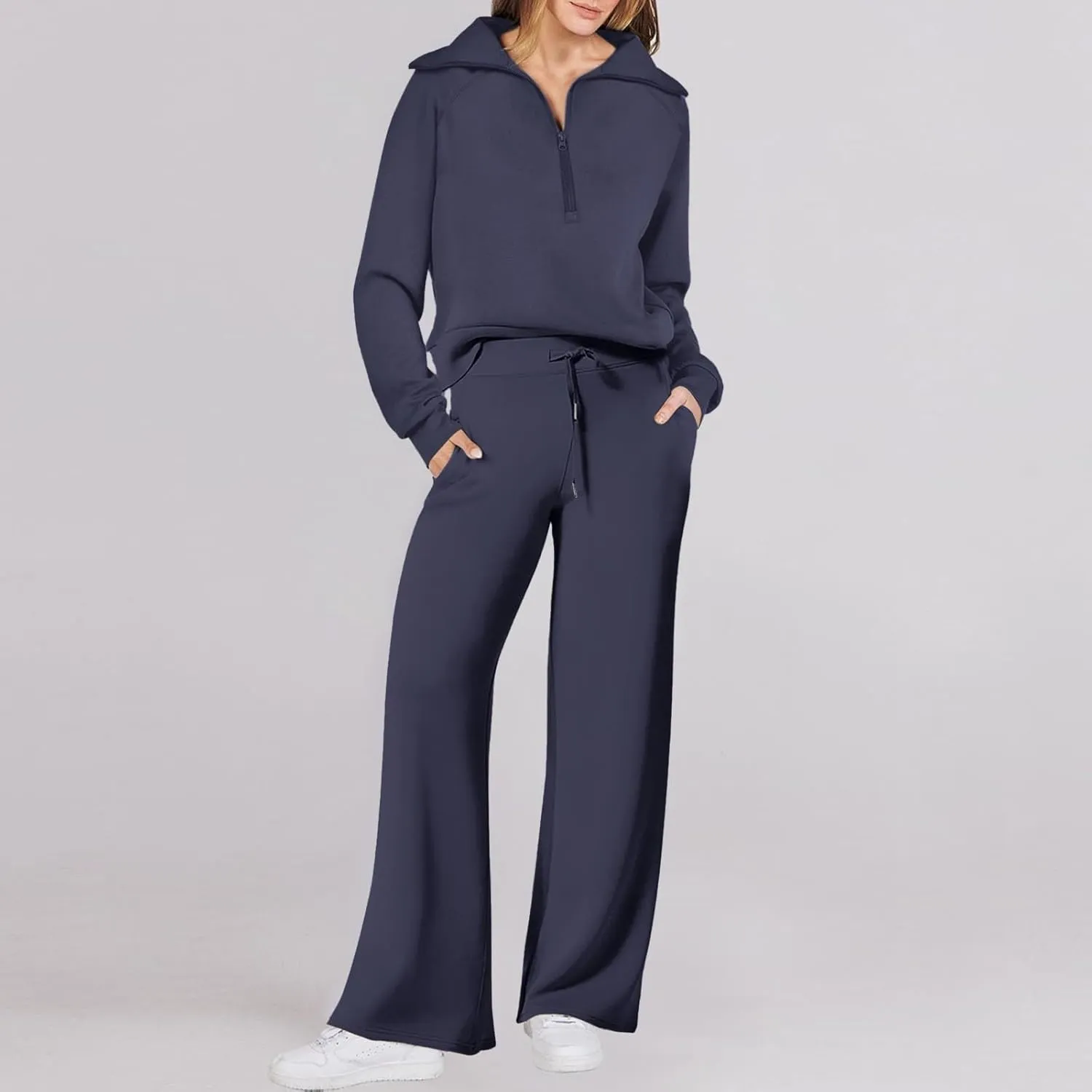 Womens Cute Pajama Sets Women Two Outfits Sweatsuit Set Quarter Zip Sweatshirt Wide Leg Sweatpant Fall Set Lounge