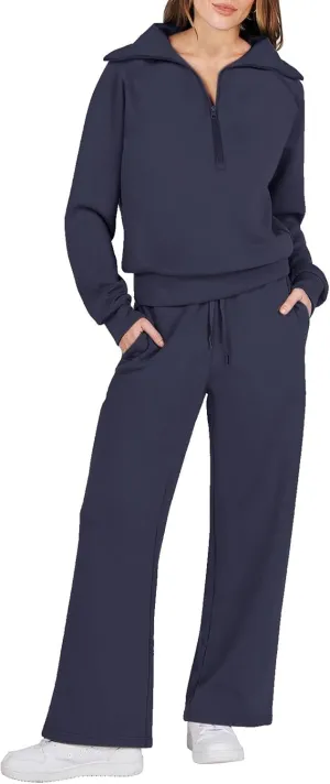 Womens Cute Pajama Sets Women Two Outfits Sweatsuit Set Quarter Zip Sweatshirt Wide Leg Sweatpant Fall Set Lounge