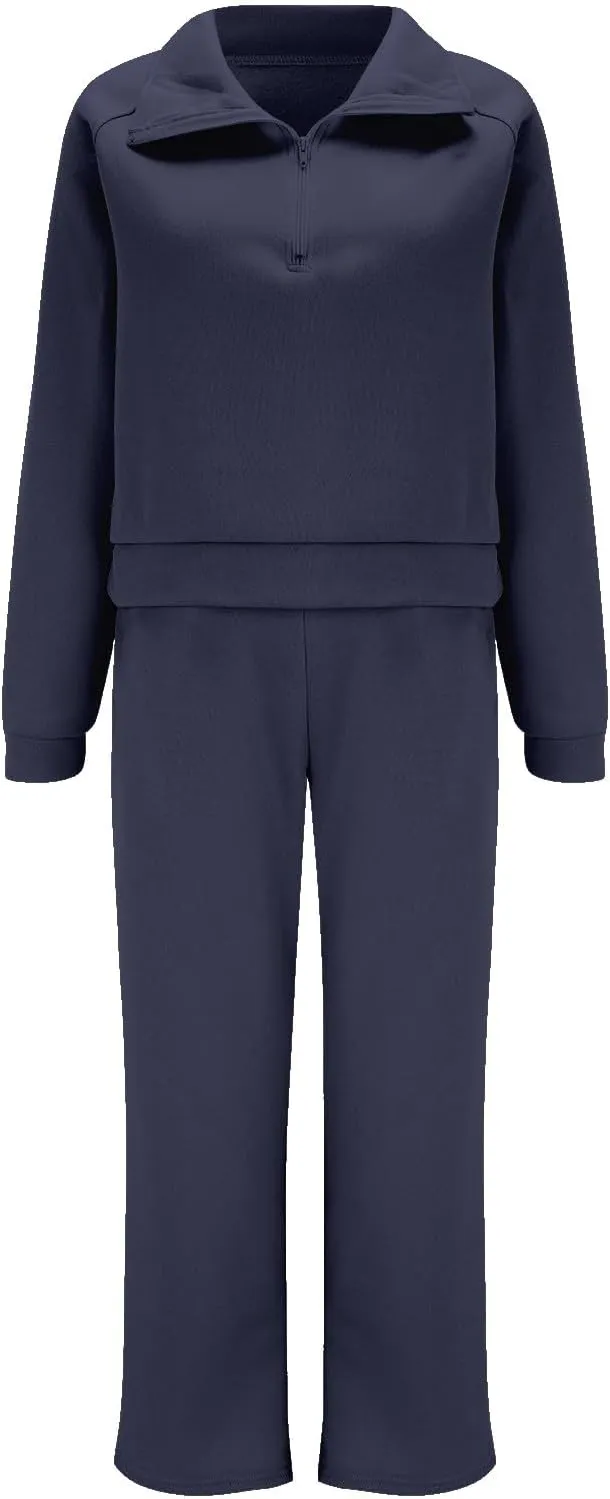 Womens Cute Pajama Sets Women Two Outfits Sweatsuit Set Quarter Zip Sweatshirt Wide Leg Sweatpant Fall Set Lounge
