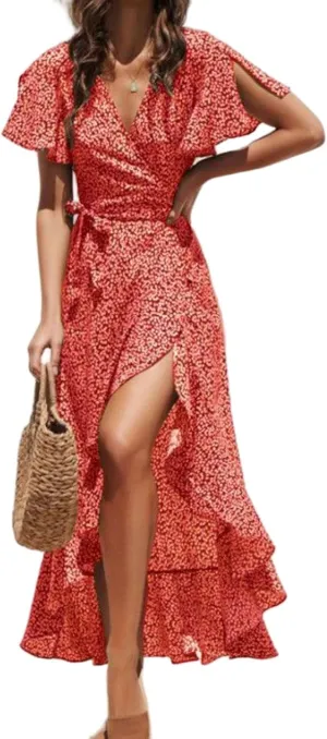 Womens Dresses Bohemian Floral Wrap Maxi Dress Patchwork Casual V Neck Short Sleeve Split Ruffle Long Dress with Belt