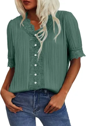 Womens Dressy Casual Blouse Short Puff Sleeve V Neck Lace Tops Summer Trendy Cute Ladies Business Work Shirts