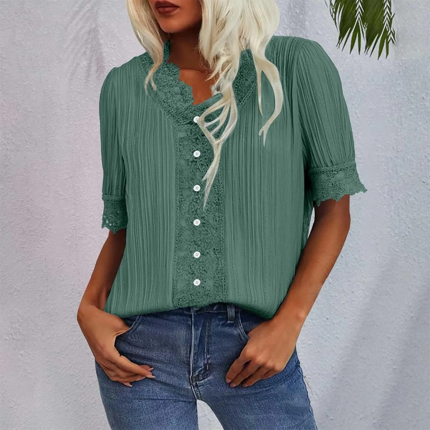 Womens Dressy Casual Blouse Short Puff Sleeve V Neck Lace Tops Summer Trendy Cute Ladies Business Work Shirts