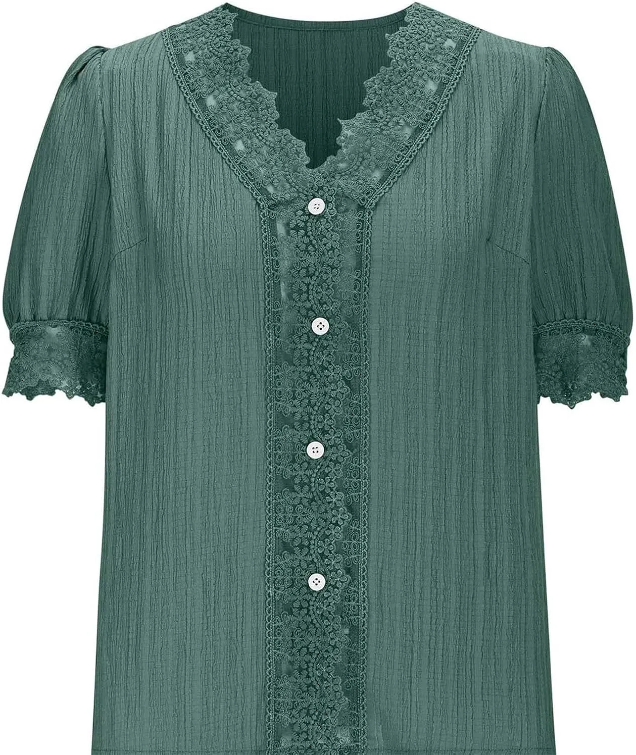 Womens Dressy Casual Blouse Short Puff Sleeve V Neck Lace Tops Summer Trendy Cute Ladies Business Work Shirts