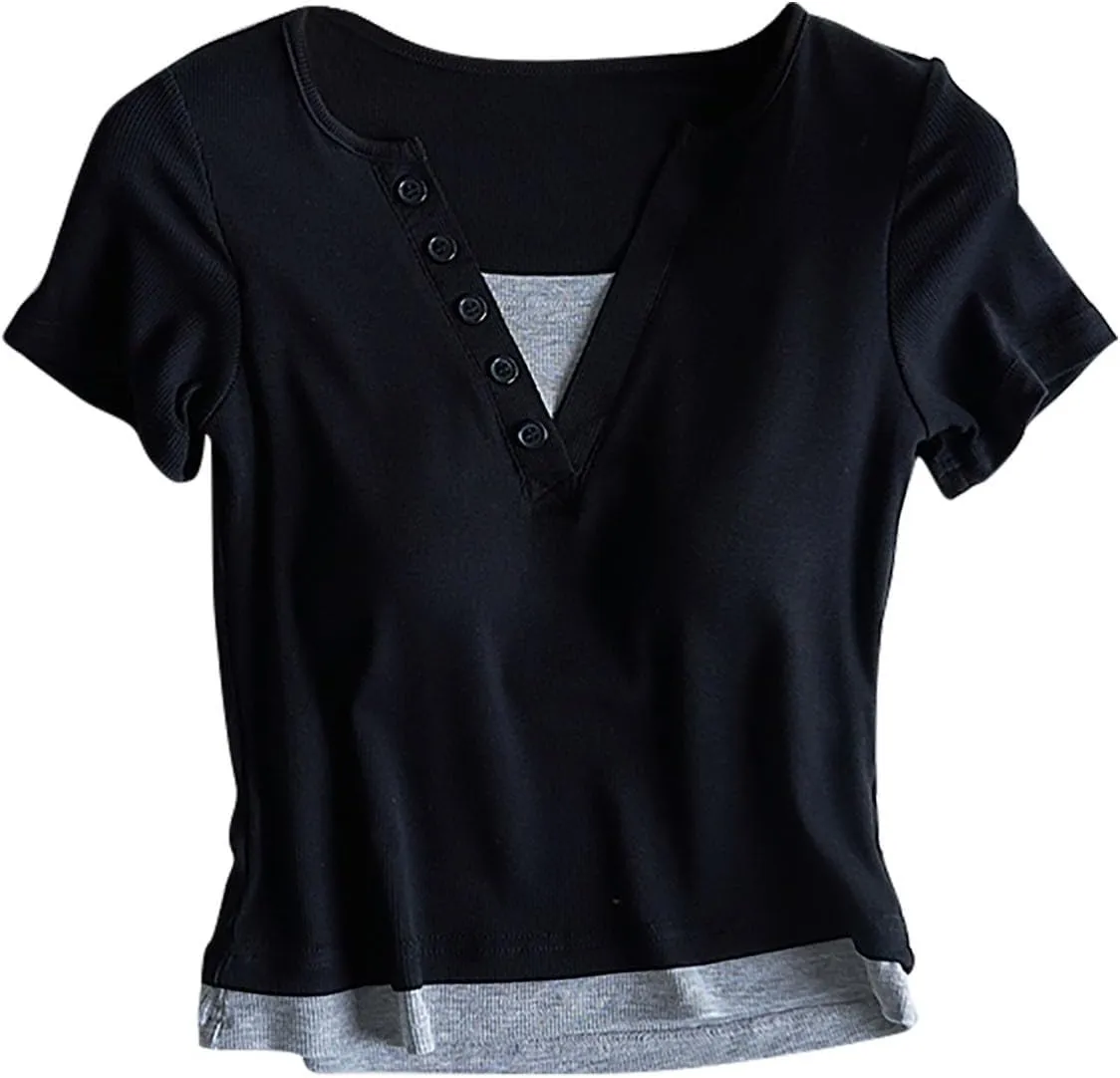 Women's Fake-Two Sleep Shirts Built-in-Bra Crop Workout Tops Soft Cotton Pajamas Short Sleeve T-Shirt Comfy Athletic Tees