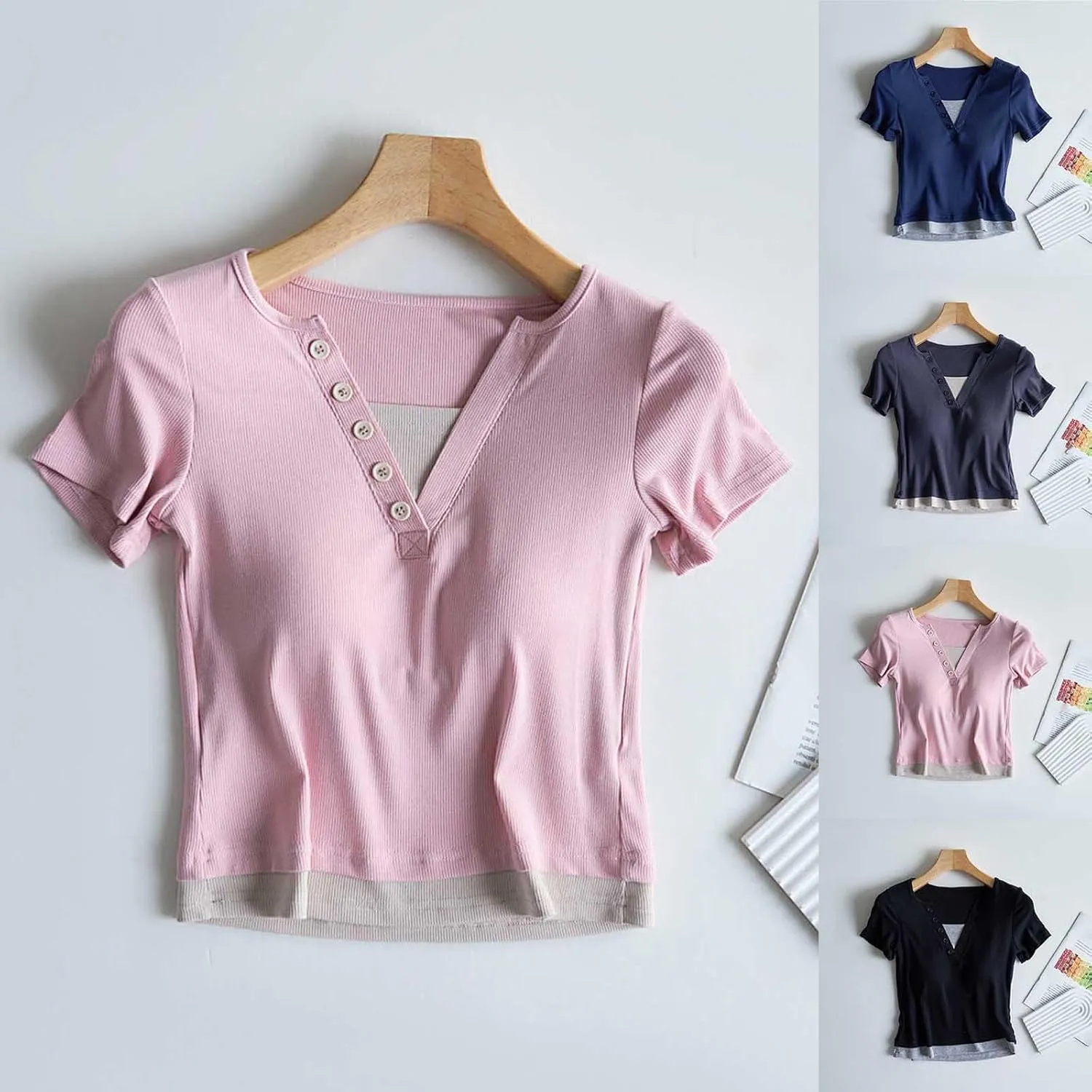 Women's Fake-Two Sleep Shirts Built-in-Bra Crop Workout Tops Soft Cotton Pajamas Short Sleeve T-Shirt Comfy Athletic Tees