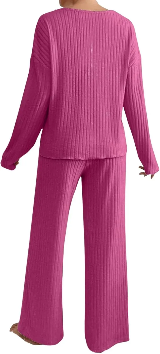 Womens Fall Winter Pajama Sets Corduroy Long Sleeve V Neck Pjs Top Soft Comfy Pjs Pants Lounge Sleepwear Pjs Sets