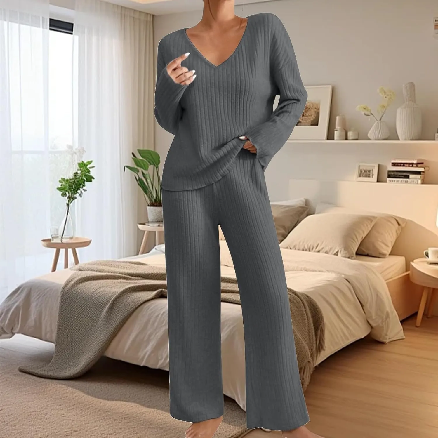 Womens Fall Winter Pajama Sets Corduroy Long Sleeve V Neck Pjs Top Soft Comfy Pjs Pants Lounge Sleepwear Pjs Sets