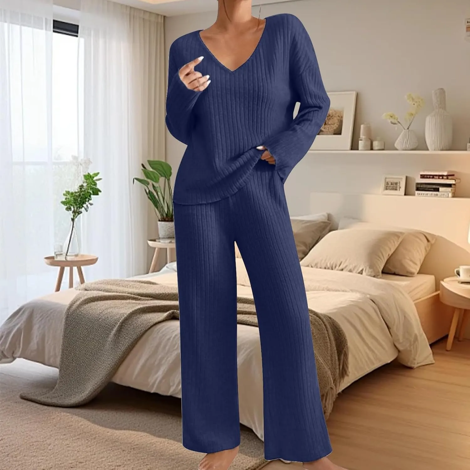 Womens Fall Winter Pajama Sets Corduroy Long Sleeve V Neck Pjs Top Soft Comfy Pjs Pants Lounge Sleepwear Pjs Sets