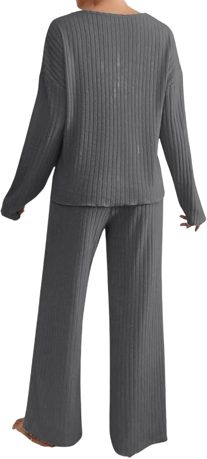 Womens Fall Winter Pajama Sets Corduroy Long Sleeve V Neck Pjs Top Soft Comfy Pjs Pants Lounge Sleepwear Pjs Sets