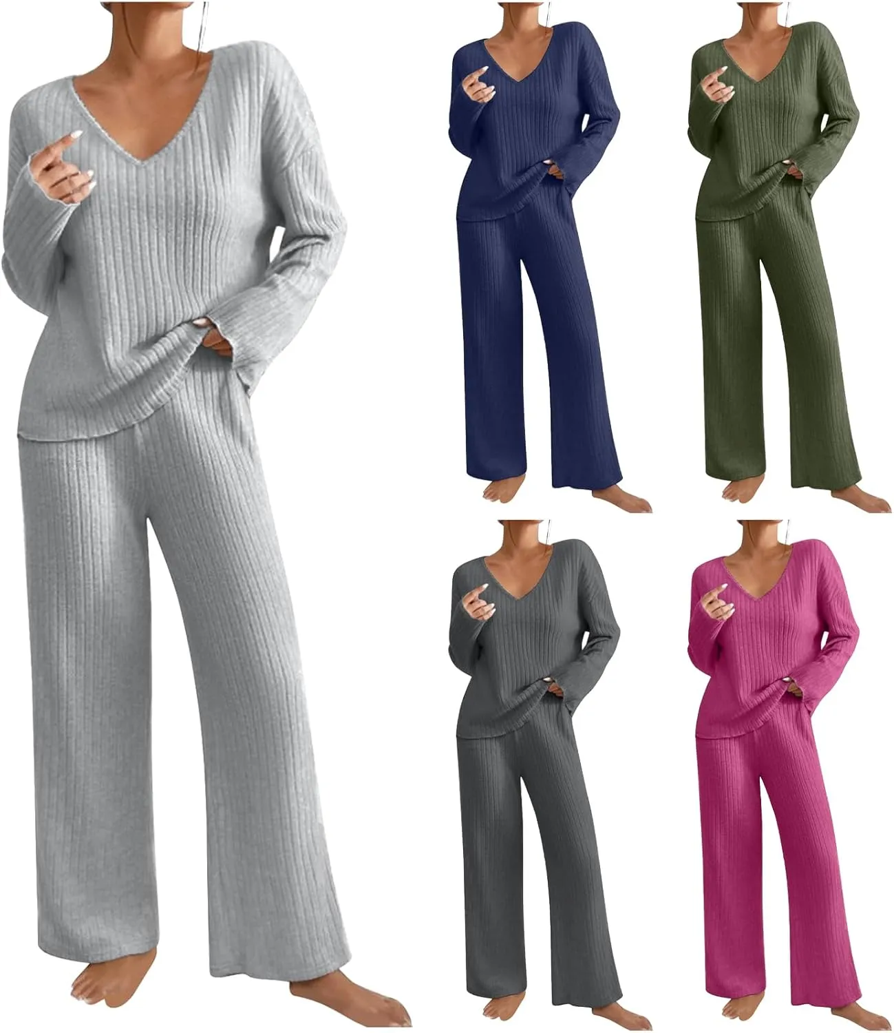 Womens Fall Winter Pajama Sets Corduroy Long Sleeve V Neck Pjs Top Soft Comfy Pjs Pants Lounge Sleepwear Pjs Sets