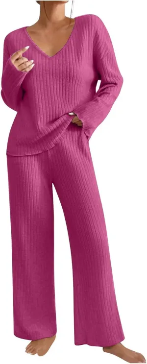 Womens Fall Winter Pajama Sets Corduroy Long Sleeve V Neck Pjs Top Soft Comfy Pjs Pants Lounge Sleepwear Pjs Sets