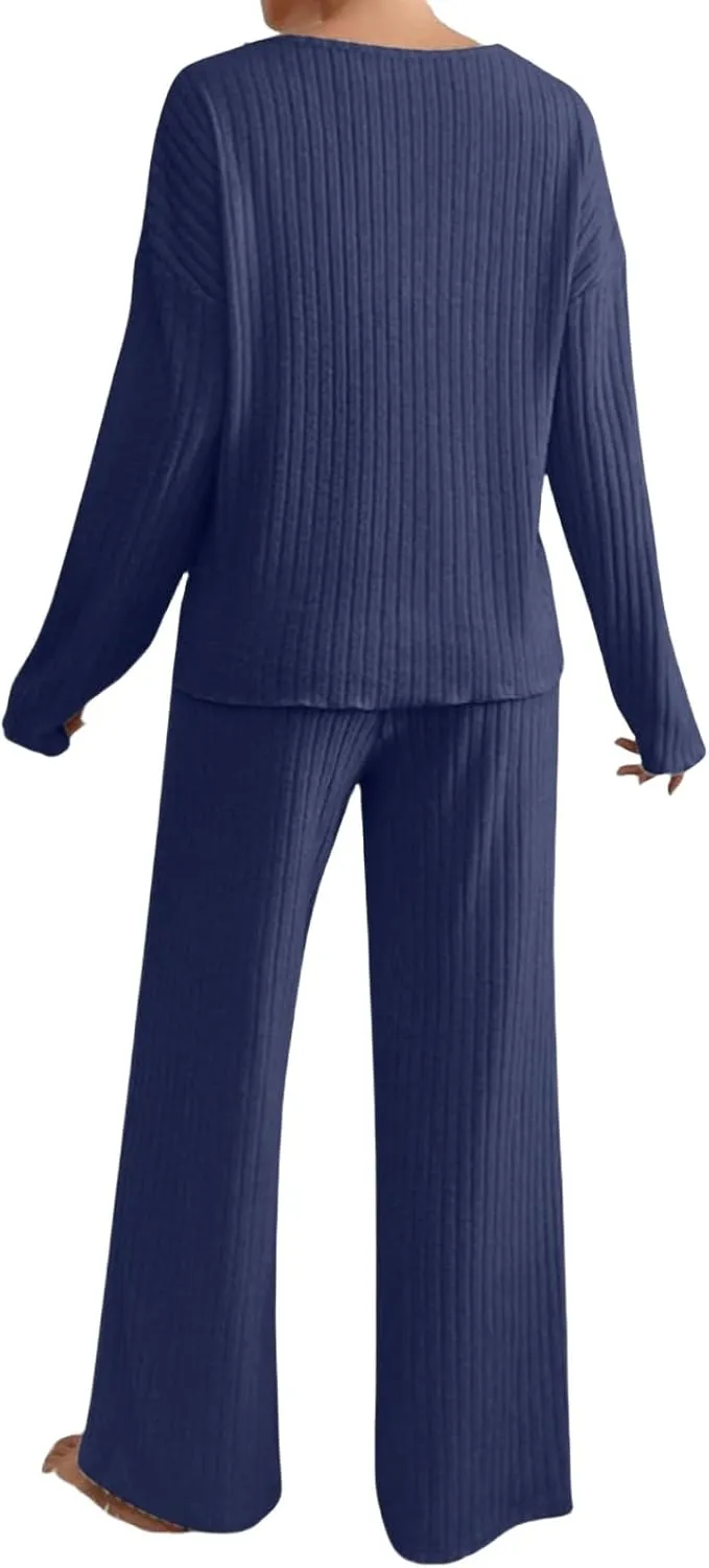 Womens Fall Winter Pajama Sets Corduroy Long Sleeve V Neck Pjs Top Soft Comfy Pjs Pants Lounge Sleepwear Pjs Sets