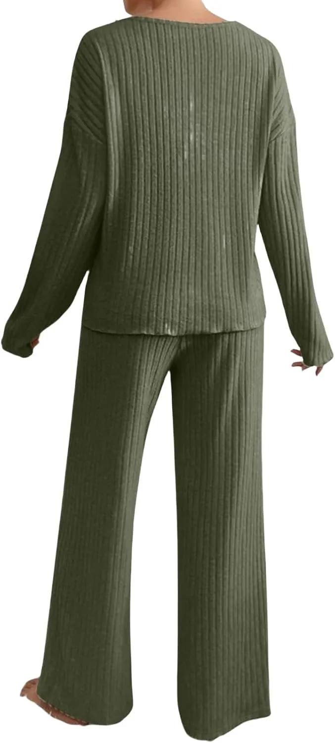 Womens Fall Winter Pajama Sets Corduroy Long Sleeve V Neck Pjs Top Soft Comfy Pjs Pants Lounge Sleepwear Pjs Sets