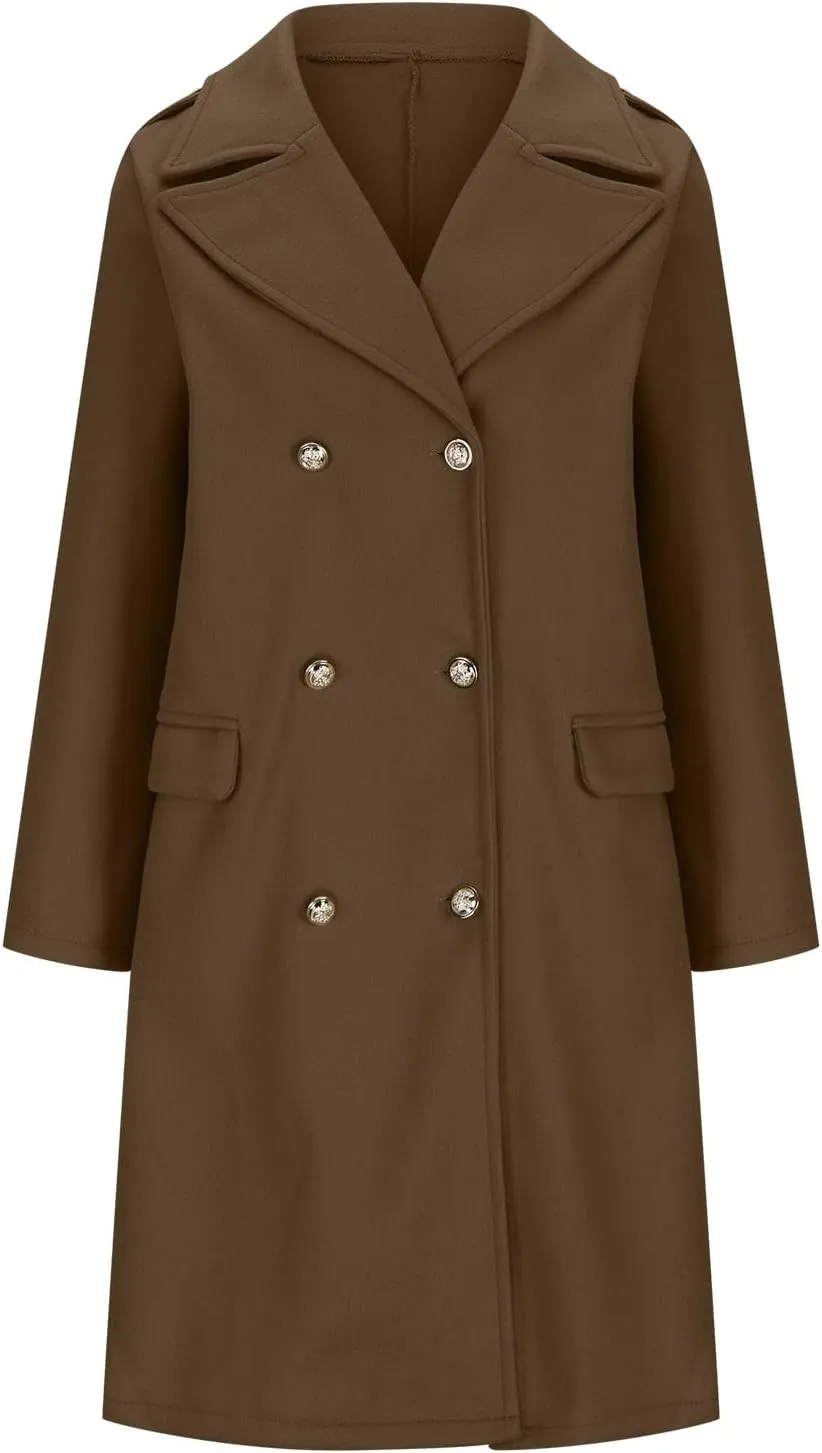 Women's Fall Winter Wool Blend Mid Long Pea Coat Notch Lapel Dressy Work Office Trench Overcoats with Pockets