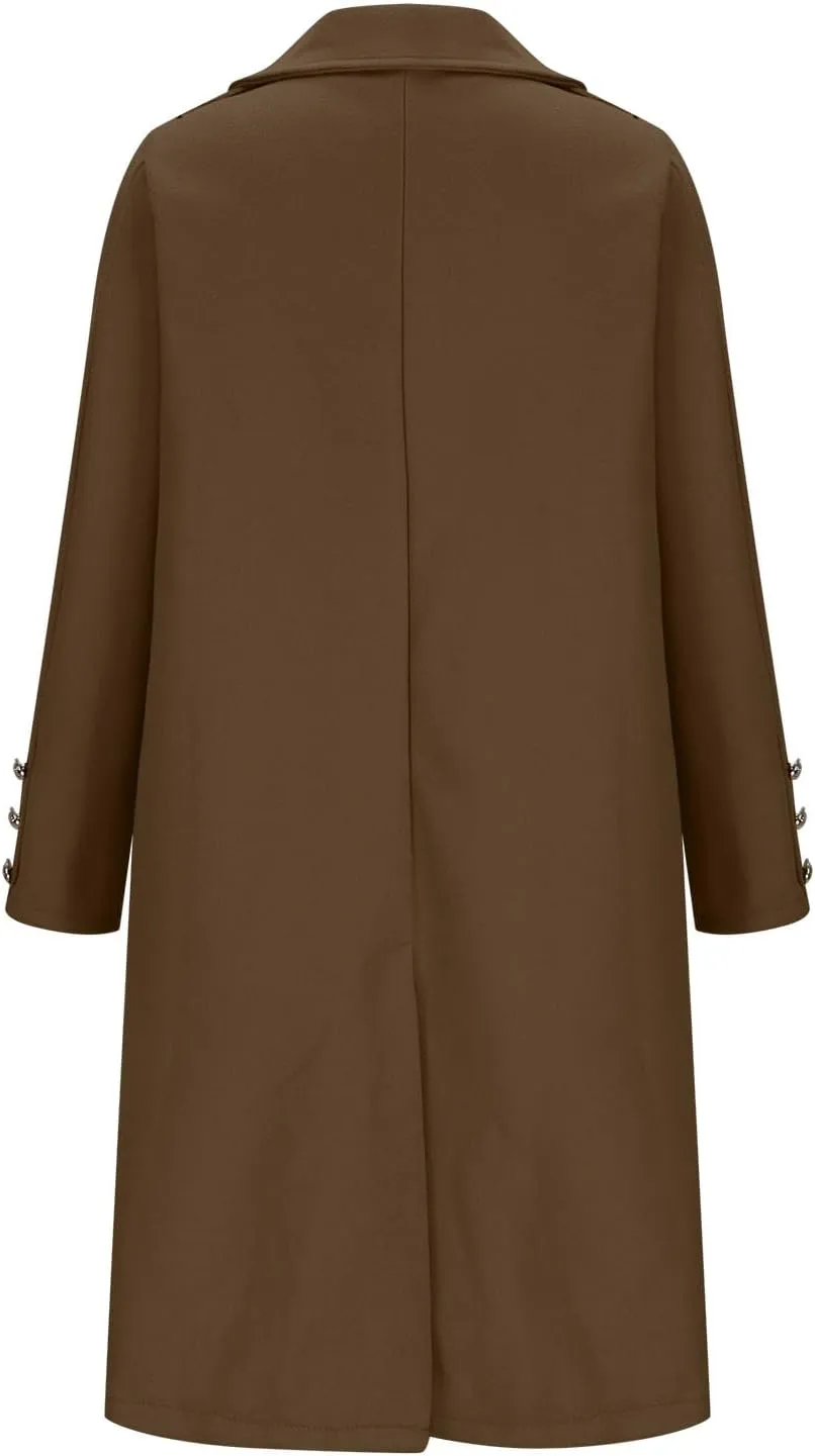 Women's Fall Winter Wool Blend Mid Long Pea Coat Notch Lapel Dressy Work Office Trench Overcoats with Pockets