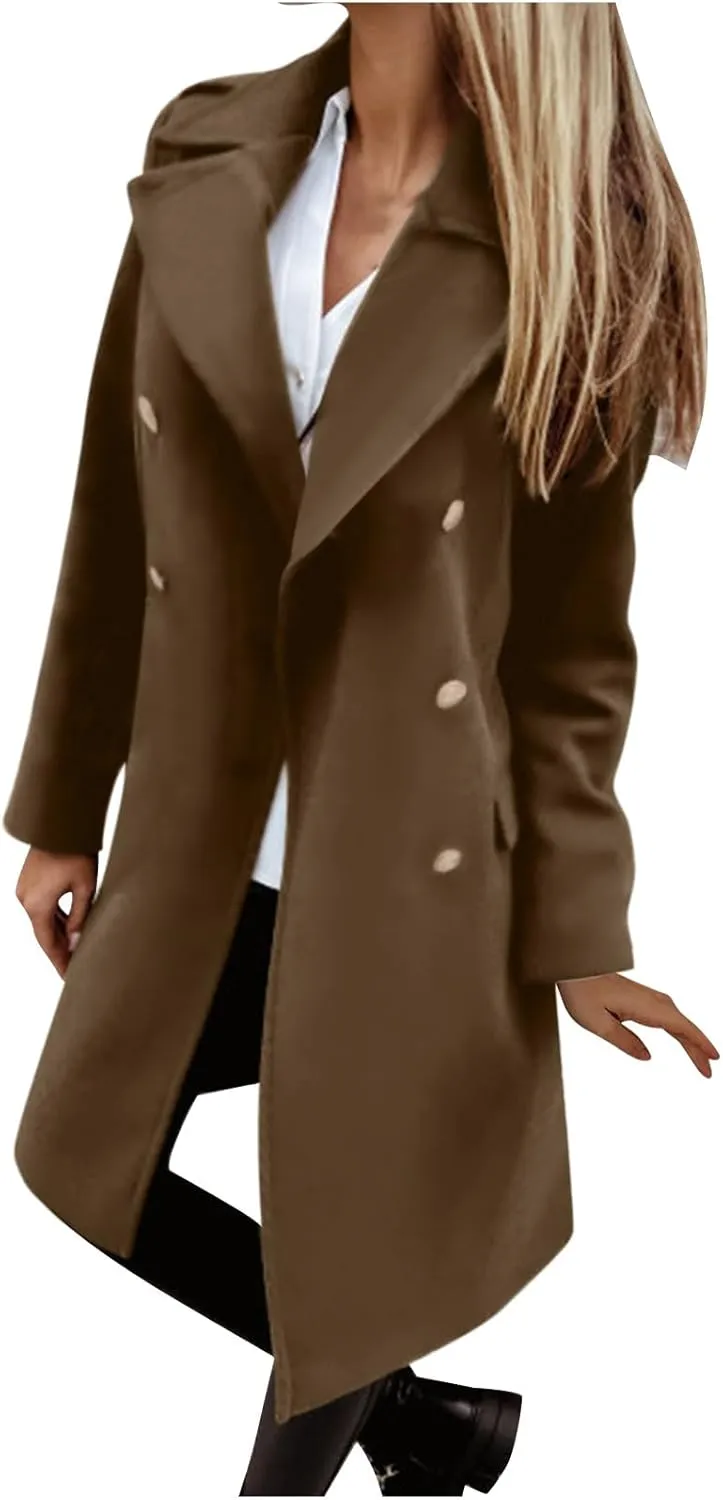 Women's Fall Winter Wool Blend Mid Long Pea Coat Notch Lapel Dressy Work Office Trench Overcoats with Pockets