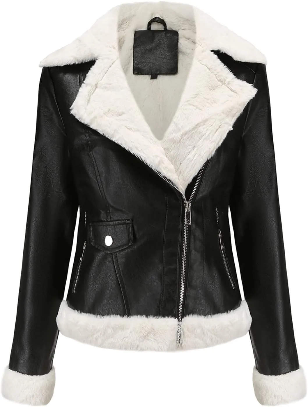 Womens Faux Shearling Moto Jacket Winter Warm Thick Lined Parka Coats Fashion Vegan Leather Motorcycle Jackets