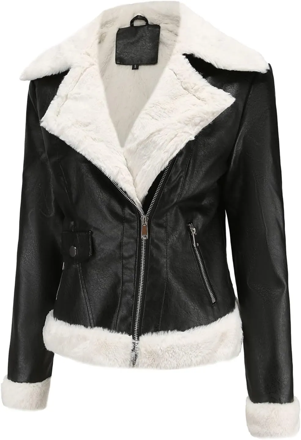 Womens Faux Shearling Moto Jacket Winter Warm Thick Lined Parka Coats Fashion Vegan Leather Motorcycle Jackets