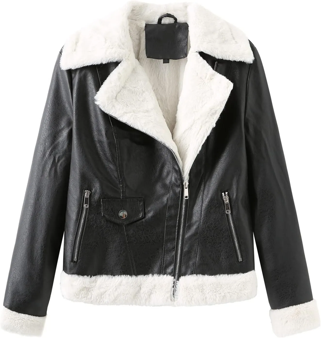 Womens Faux Shearling Moto Jacket Winter Warm Thick Lined Parka Coats Fashion Vegan Leather Motorcycle Jackets