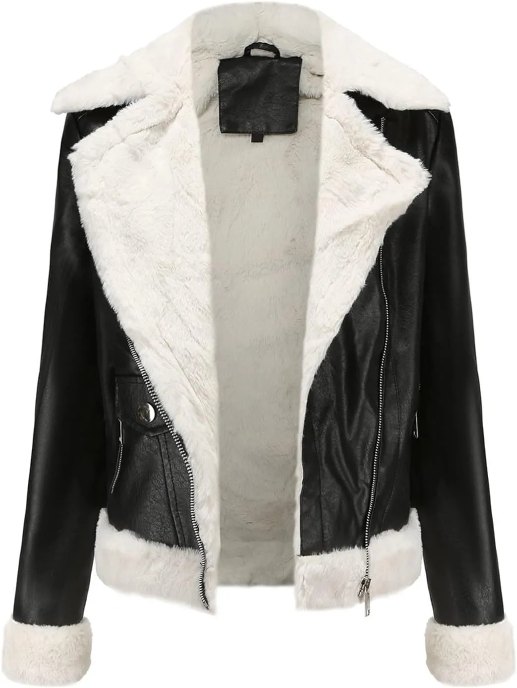 Womens Faux Shearling Moto Jacket Winter Warm Thick Lined Parka Coats Fashion Vegan Leather Motorcycle Jackets