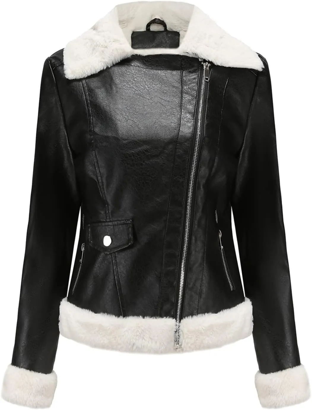 Womens Faux Shearling Moto Jacket Winter Warm Thick Lined Parka Coats Fashion Vegan Leather Motorcycle Jackets