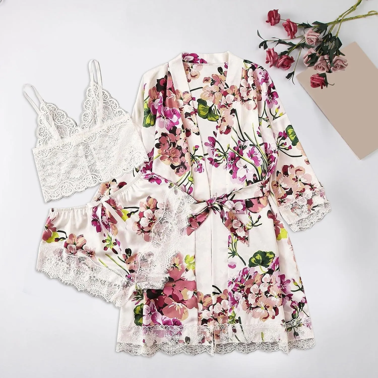 Women's Flamingo Print Cami Top and Shorts Satin Silk Pj Sets Lingerie Set with Robe Pajamas Sleepwear Loungewear