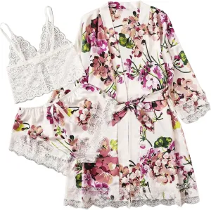 Women's Flamingo Print Cami Top and Shorts Satin Silk Pj Sets Lingerie Set with Robe Pajamas Sleepwear Loungewear
