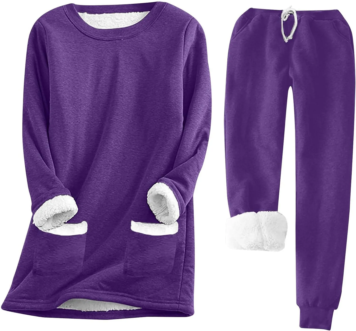 Women's Fleece Lounge Set Long Sleeve Sherpa Lined Pullover Tops and Plush Pants 2 Piece Outfits Warm Pajamas Sets