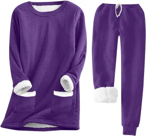 Women's Fleece Lounge Set Long Sleeve Sherpa Lined Pullover Tops and Plush Pants 2 Piece Outfits Warm Pajamas Sets