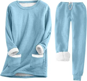 Women's Fleece Lounge Set Long Sleeve Sherpa Lined Pullover Tops and Plush Pants 2 Piece Outfits Warm Pajamas Sets
