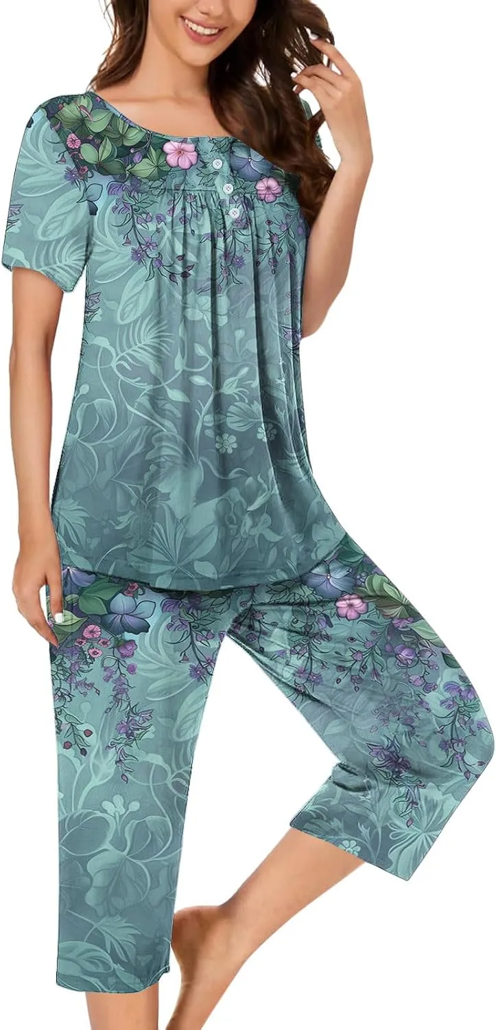 Women's Floral Pajama Sets Pleated Lounge Sleepwear Button Short Sleeve Crewneck Tops and Capri Pants with Pockets