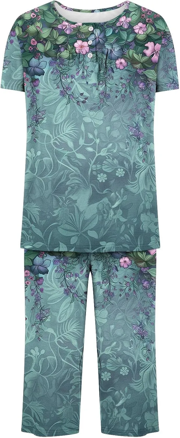 Women's Floral Pajama Sets Pleated Lounge Sleepwear Button Short Sleeve Crewneck Tops and Capri Pants with Pockets