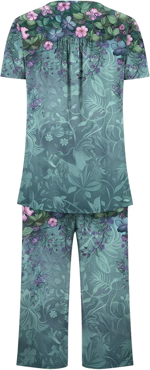 Women's Floral Pajama Sets Pleated Lounge Sleepwear Button Short Sleeve Crewneck Tops and Capri Pants with Pockets