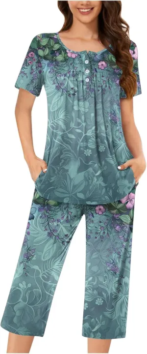 Women's Floral Pajama Sets Pleated Lounge Sleepwear Button Short Sleeve Crewneck Tops and Capri Pants with Pockets