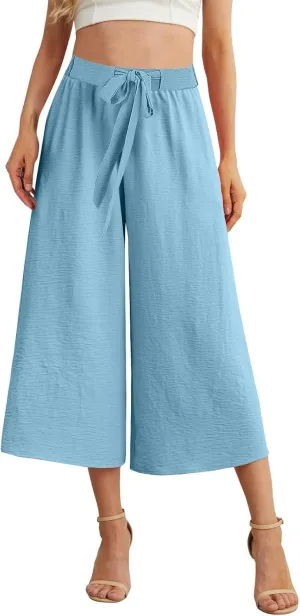 Womens Flowy Linen Pants with Pockets Casual Palazzo Trousers for Women Ladies Wide Leg Beach Loose Capris Flare Pant