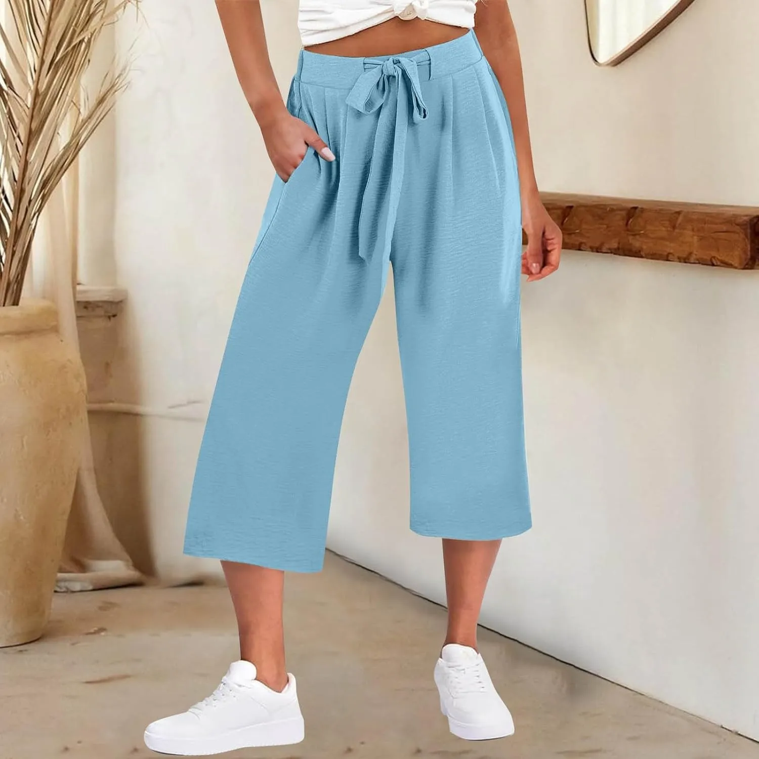 Womens Flowy Linen Pants with Pockets Casual Palazzo Trousers for Women Ladies Wide Leg Beach Loose Capris Flare Pant