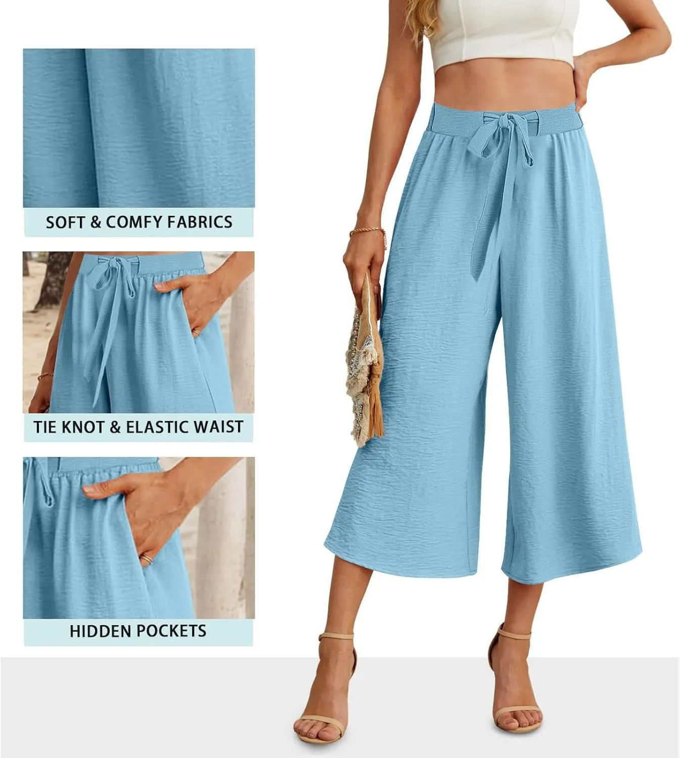 Womens Flowy Linen Pants with Pockets Casual Palazzo Trousers for Women Ladies Wide Leg Beach Loose Capris Flare Pant