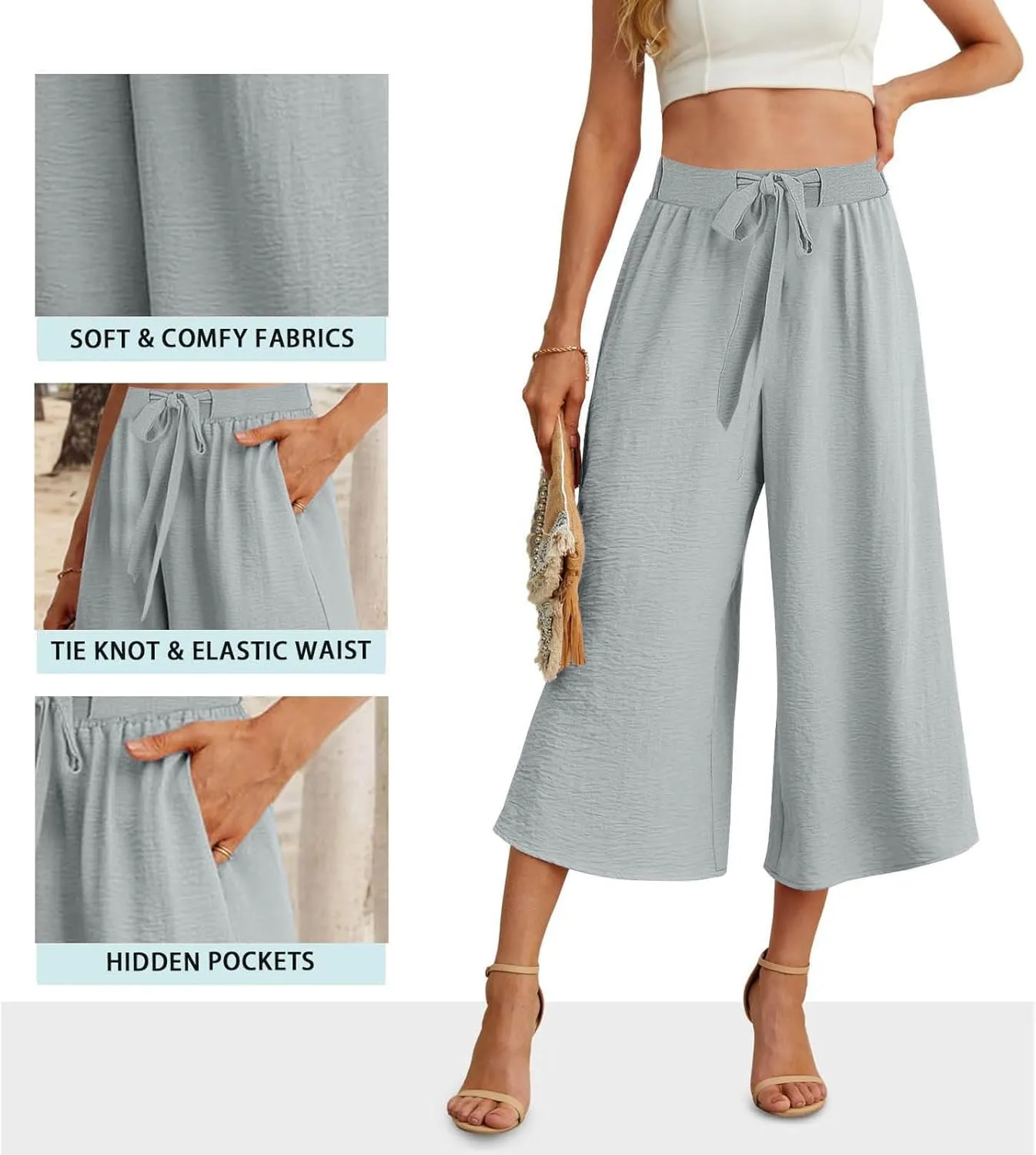 Womens Flowy Linen Pants with Pockets Casual Palazzo Trousers for Women Ladies Wide Leg Beach Loose Capris Flare Pant