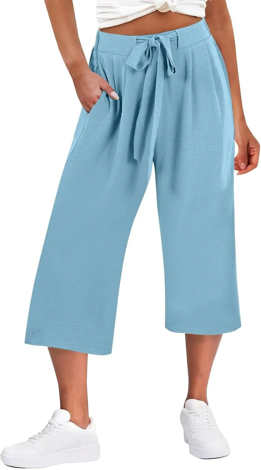 Womens Flowy Linen Pants with Pockets Casual Palazzo Trousers for Women Ladies Wide Leg Beach Loose Capris Flare Pant