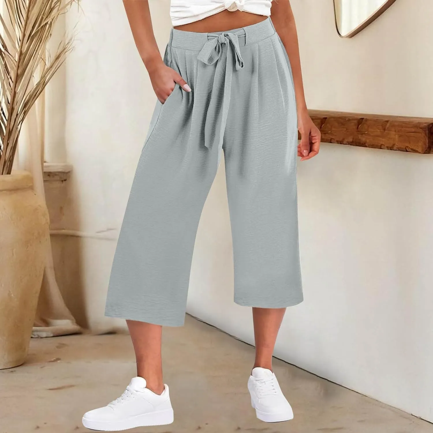 Womens Flowy Linen Pants with Pockets Casual Palazzo Trousers for Women Ladies Wide Leg Beach Loose Capris Flare Pant