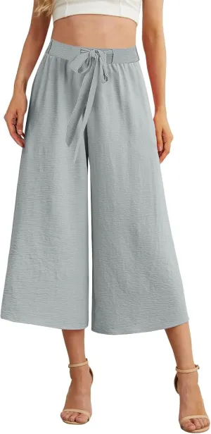 Womens Flowy Linen Pants with Pockets Casual Palazzo Trousers for Women Ladies Wide Leg Beach Loose Capris Flare Pant