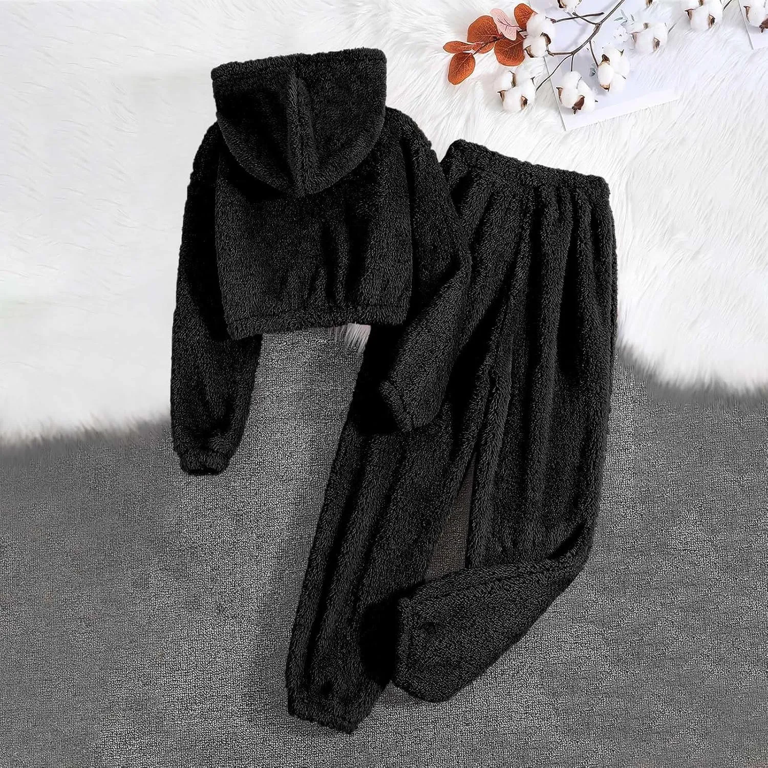 Women's Fluffy Pajamas Set Winter Warm Soft Fleece Hooded Pullover Loose Pants Casual Comfy Sleepwear Loungewear Set
