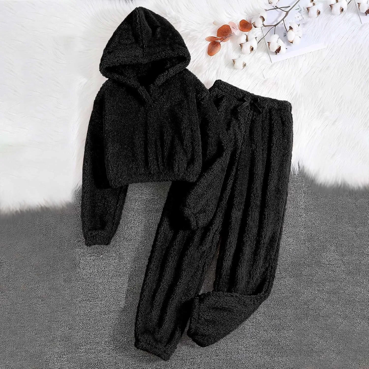 Women's Fluffy Pajamas Set Winter Warm Soft Fleece Hooded Pullover Loose Pants Casual Comfy Sleepwear Loungewear Set